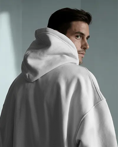 Male Model Hoodie Mockup Back View Soft Lighting Stylish Urban Fashion Editorial Look