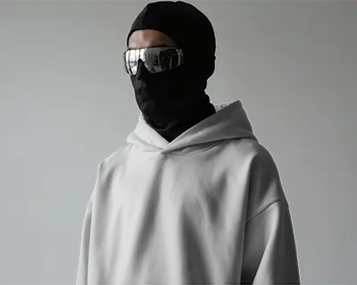 Cyberpunk Hoodie Mockup Masked Model With Reflective Glasses In Dark Minimal Lighting