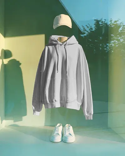 Floating Hoodie Mockup With White Sneakers And Cap In Colorful Glass Display Scene