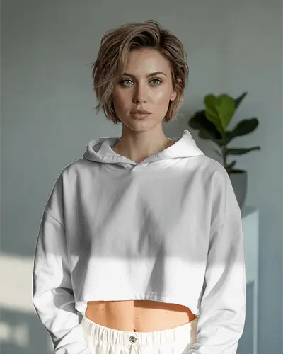 Indoor Natural Light Hoodie Mockup Female Model In Cropped Fit Soft Shadow Modern Setting