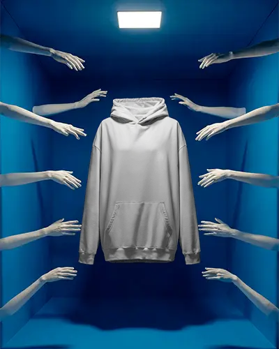 Surreal Hoodie Mockup Floating Garment Surrounded By Reaching Hands In Bold Blue Box