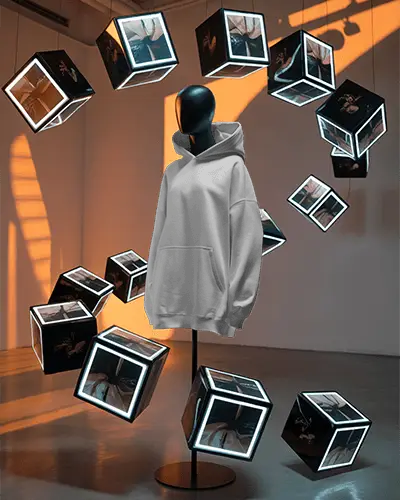 Futuristic Gallery Hoodie Mockup Surrounded By Floating Led Cubes In Orange Blue Light