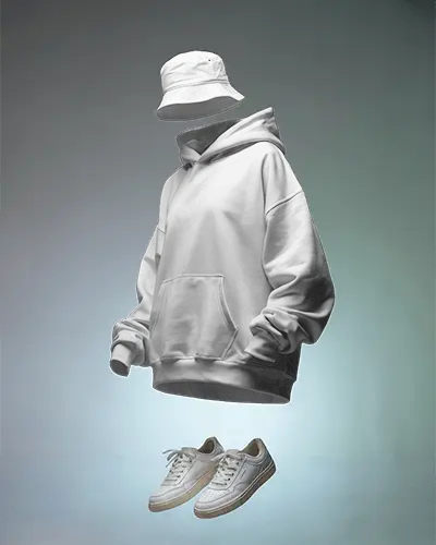 Floating Hoodie Mockup With Hat And Sneakers Suspended In Air Modern Studio Presentation