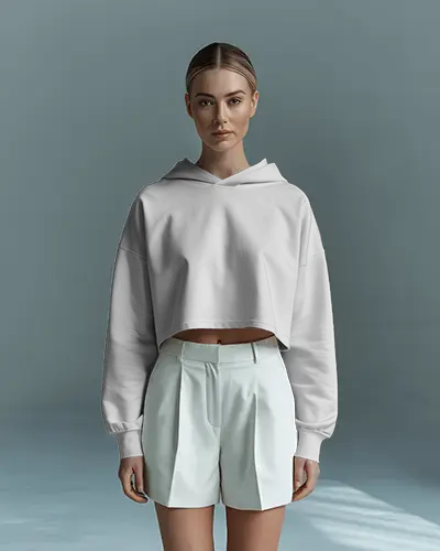 Cropped Hoodie Mockup Female Model In Soft Studio Light Minimal Fashion Editorial Look