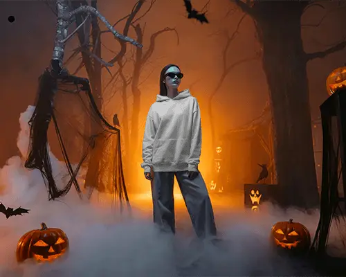 Spooky Halloween Forest With Eerie Fog And Halloween Pumpkins For Halloween Mockup