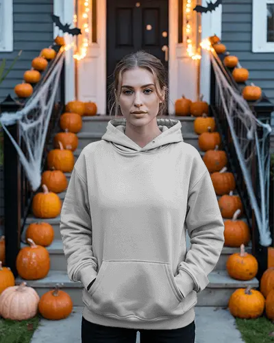 Spooky Halloween Hoodie Mockup On Casual Woman With Pumpkin Decorations For Fall