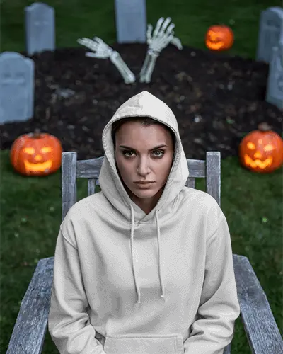 Spooky Halloween Hoodie Mockup With Pumpkin And Graveyard Background For Seasonal Fashion