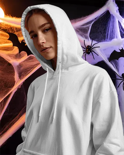 Spooky Halloween Hoodie Mockup With Ghostly Spiders Cobwebs And Bats Background Design