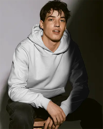 Trendy Relaxed Fit Hoodie Mockup Sitting Pose For Online Clothing Store Display