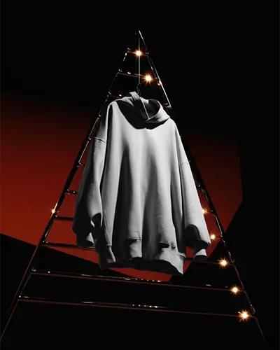 Cinematic Hanging Hoodie Mockup Dark Background With Triangle Light Installation