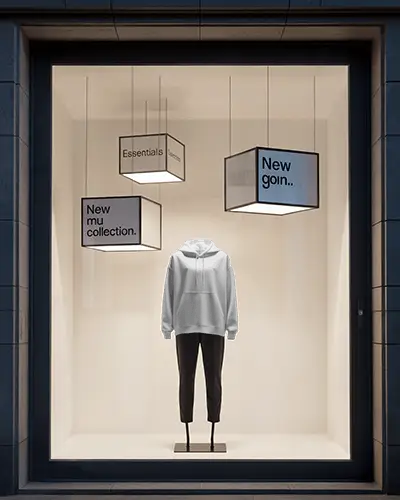 Minimalist Storefront Hoodie Mockup On Mannequin Under Geometric Light Cubes
