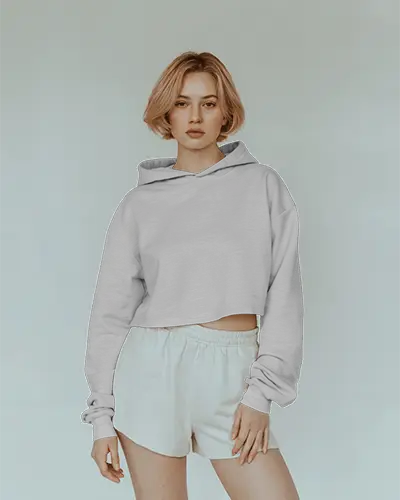 Studio Portrait Hoodie Mockup Short Haired Female Model In Cropped Fit Minimal Look