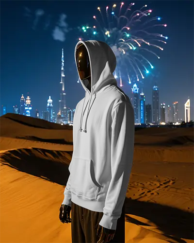 New Year Celebration Hoodie Mockup In Desert Setting With Fireworks And City Lights