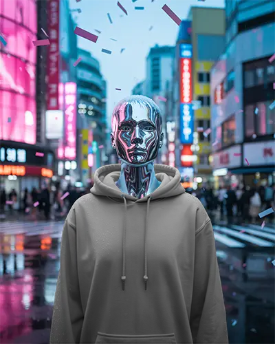 High Tech New Year Hoodie Mockup With Glossy Futuristic Robot Head And Digital City Lights