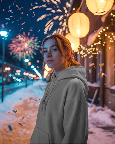 Winter Night New Year Mockup With Urban Background And Bright Fireworks