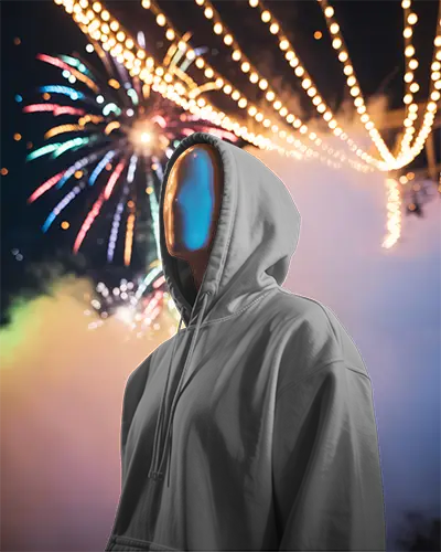 New Year Celebration Mockup With Hoodie Blank Face And Fireworks Background