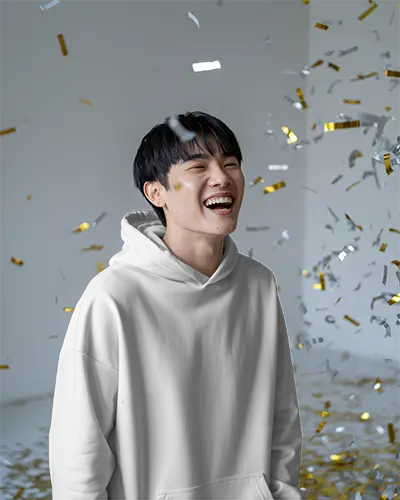 Happy New Year Mockup With Smiling Person Amidst Floating Party Confetti For Festive Design