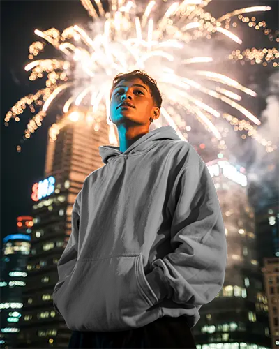 Festive New Year Hoodie Mockup Urban Night Cityscape Background With Fireworks