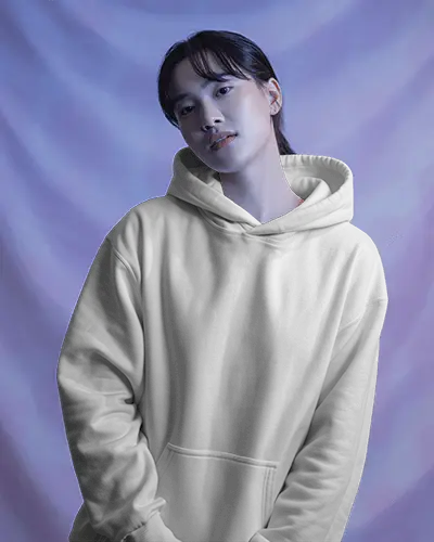Soft Purple Backdrop Hoodie Mockup Female Model Tilted Head Portrait