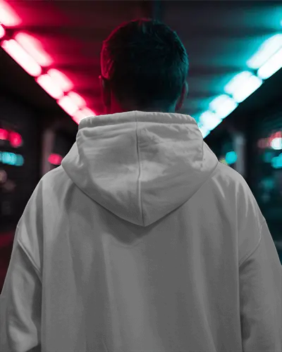 Neon Tunnel Backview Hoodie Mockup Male Model Under Moody Dual Lights