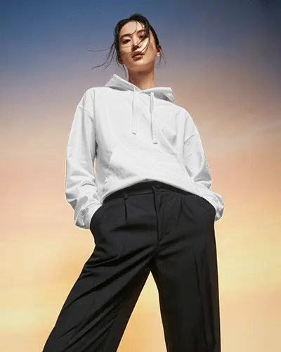 Sunset Sky Hoodie Mockup Female Model Low Angle Fashion Forward Look