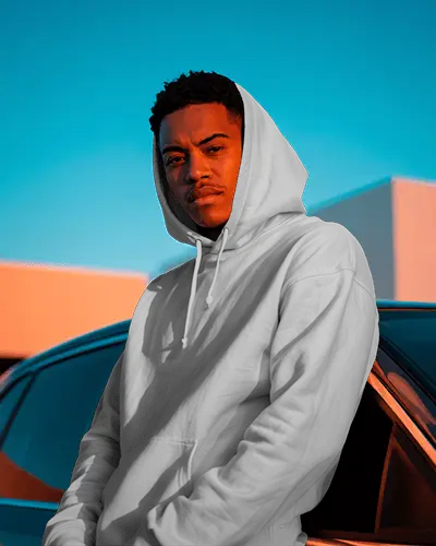 Sunset Driveway Hoodie Mockup Male Model Natural Light Street Style