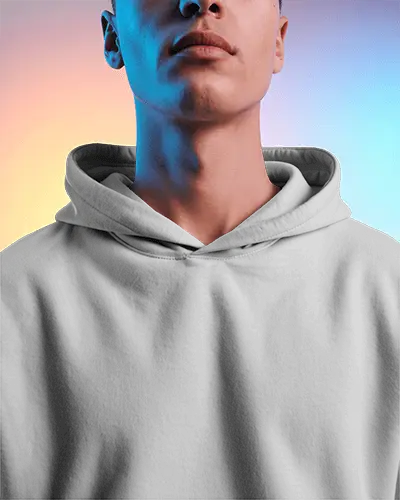 Closeup Hoodie Mockup Male Model Colored Gel Lighting Clean Details