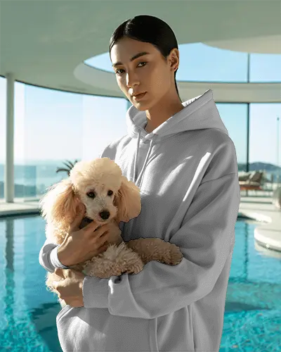 Modern Poolside Hoodie Mockup With Elegant Model And Cuddly Poodle In Sunlit Architectural Space
