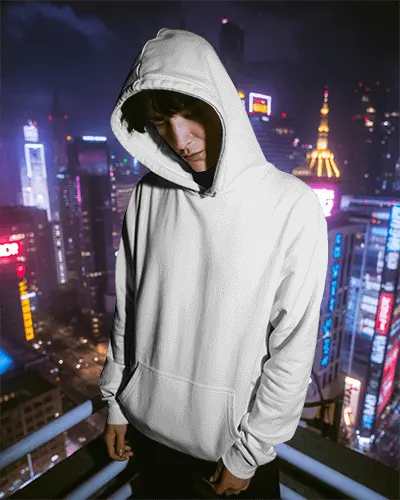 Neon City Rooftop Hoodie Mockup With Moody Model Framed By Glowing Skyline Lights