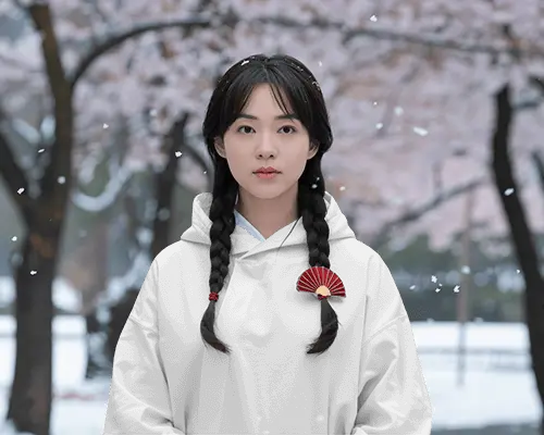 Gentle Sakura Winter Hoodie Mockup With Soft Snowfall And Poised Model In Tranquil Park