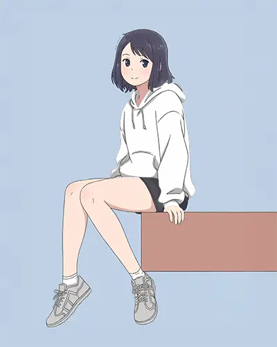 Anime Hoodie Mockup Female Character Sitting Relaxed In Minimal Soft Blue Background