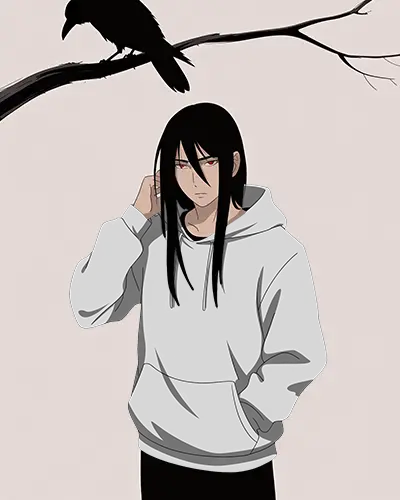 Anime Hoodie Mockup Male Character With Long Hair Standing Under Crow On Branch