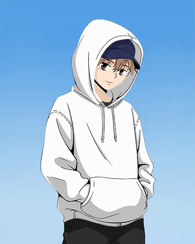 Anime Hoodie Mockup Male Character With Hood Up Standing Against Clear Blue Sky