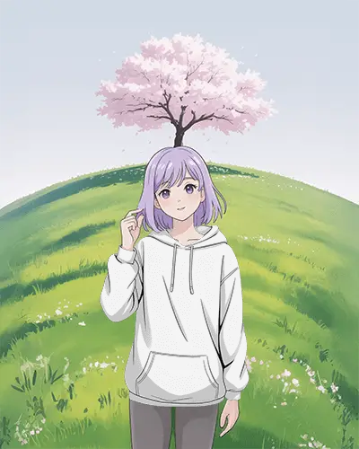 Anime Hoodie Mockup Female Character Standing On Green Hill Under Blooming Cherry Tree