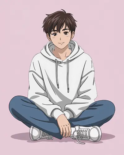 Anime Hoodie Mockup Male Character Sitting Cross Legged In Soft Pastel Background