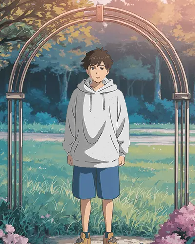 Outdoor Anime Hoodie Mockup Boy In Peaceful Park Setting With Warm Evening Glow