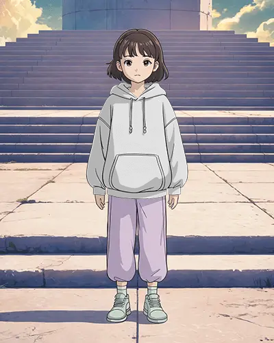 Anime Hoodie Mockup Girl Standing On Marble Steps In Soft Evening Light