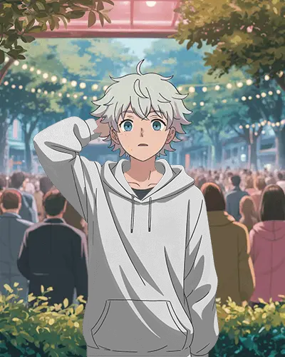 Anime Hoodie Mockup Male Character In Crowded Festival Scene With String Lights