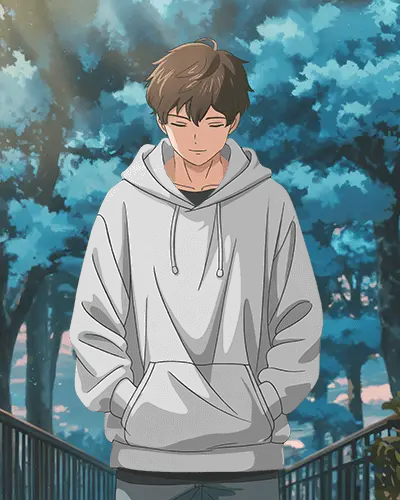 Serene Anime Hoodie Mockup Boy Standing In Soft Forest Lighting Calm And Cozy Style