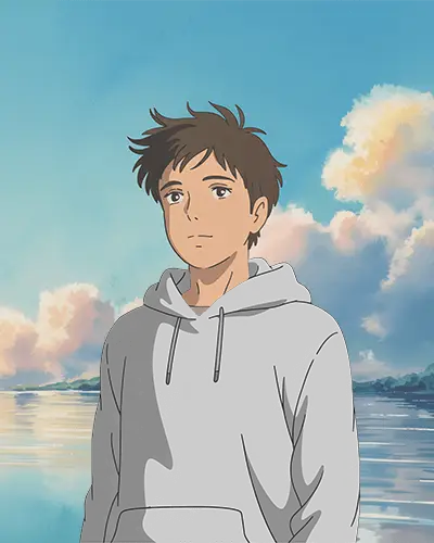 Anime Hoodie Mockup Male Character Standing By Lake Under Warm Cloudy Sky