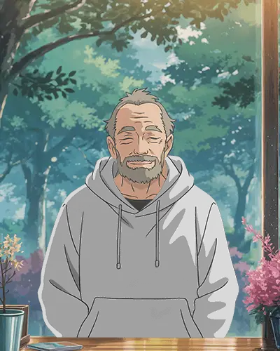 Cozy Anime Hoodie Mockup Older Man Smiling In Sunlit Cafe With Forest View