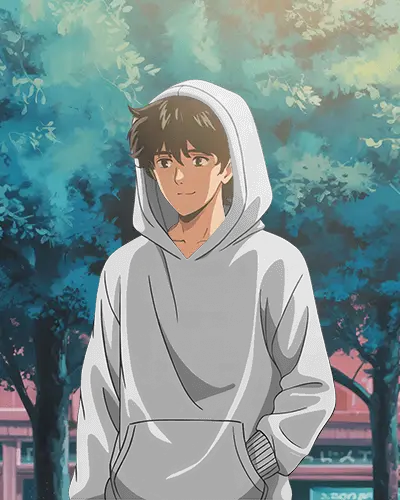 Anime Hoodie Mockup Boy With Hood Up In Sunlit Park Soft Warm Forest Light