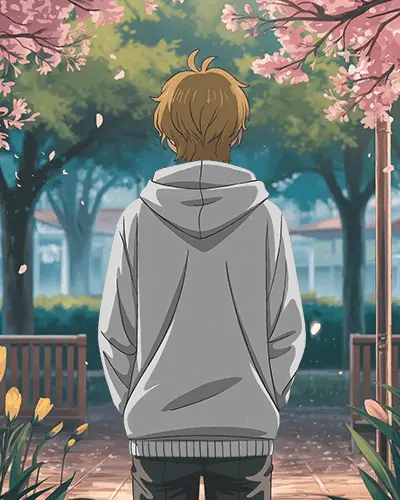 Cherry Blossom Anime Hoodie Mockup Boy Standing Under Petals In Spring Garden