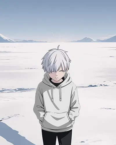 Snowy Expanse Anime Hoodie Mockup Boy Standing Alone In Bright Winter Landscape