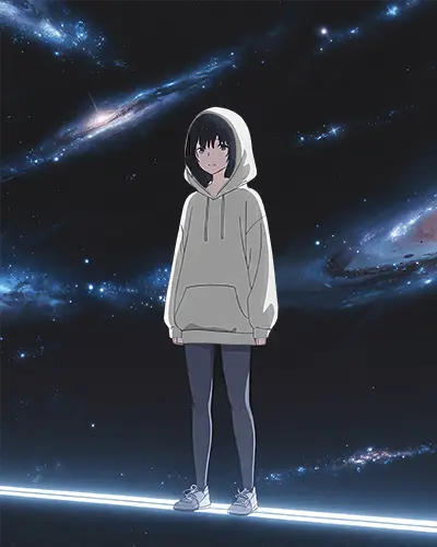 Cosmic Anime Hoodie Mockup Girl Standing Against Galaxy Night Sky