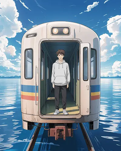 Anime Hoodie Mockup Boy Standing At Train Door Over Water On Bright Day