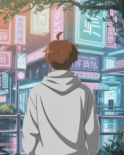 Neon City Anime Hoodie Mockup Back View Boy Under Glowing Signs At Night