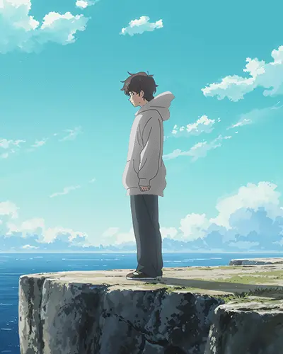 Ocean Cliff Anime Hoodie Mockup Boy Standing In Bright Windy Seaside Scene