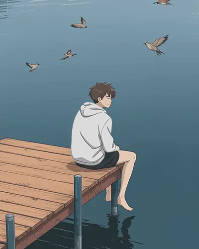 Lakeside Dock Anime Hoodie Mockup Boy Sitting Over Water With Birds