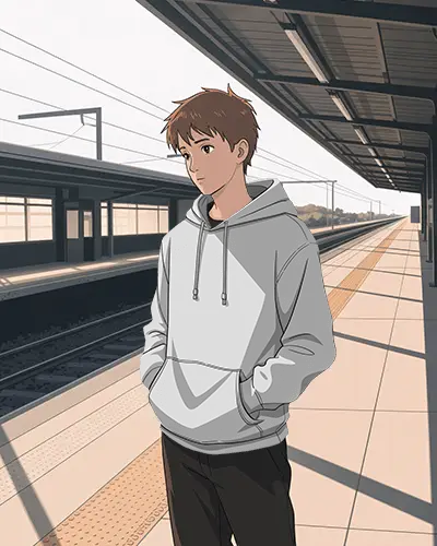 Sunlit Station Anime Hoodie Mockup Boy Waiting On Empty Platform